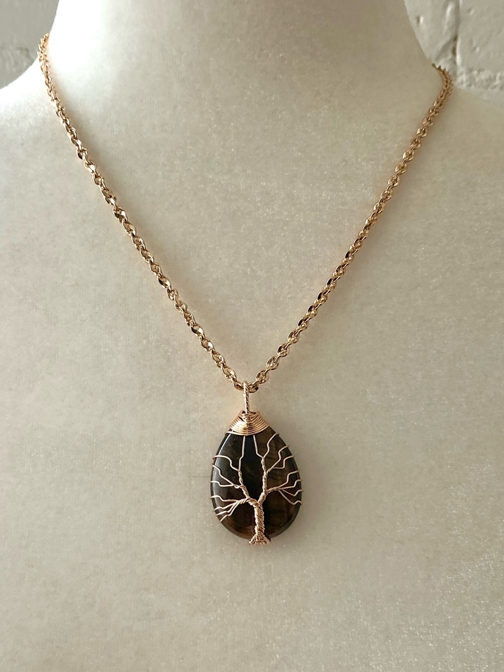 Tree of Life Wire Wrapped Gemstone Pendant Necklace Copper Color